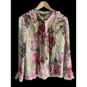 Ranna‎ Gill Small Floral Eden Romantic Ruffle Sequin Beaded Flowy Blouse